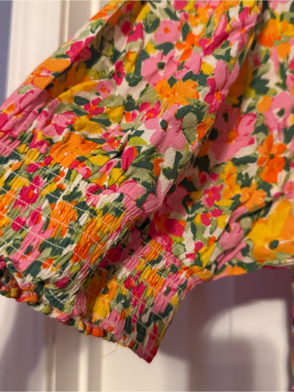 Terra & Sky Floral Smocked Top in Pink, Orange & Green - Picture 9 of 14